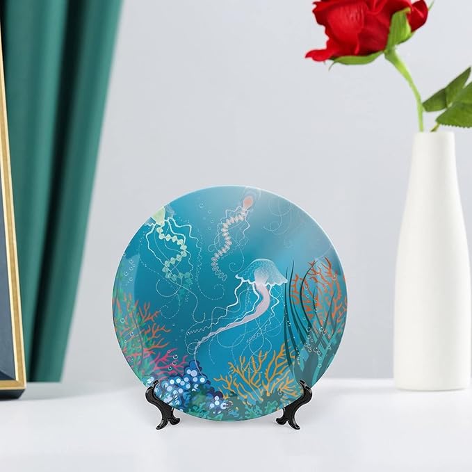 Ceramic Plates, Aquarium Decorative Ceramic Plates, Artistic Jellyfishes Swimming Under The Sea Coral, 8 Inch, for Dining, Parties, Wedding, Blue Pink Orang