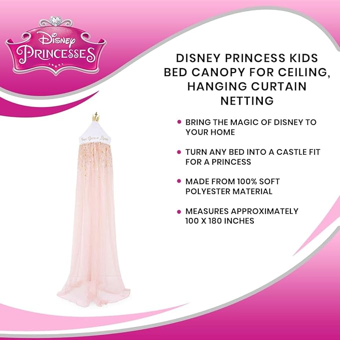 Disney Princess Kids Bed Canopy Curtains for Ceiling, Hanging Mosquito Netting Cover for Reading Nook, Sleeping Tent | Fairytale Playroom Accessories, Home Decor Room Essentials