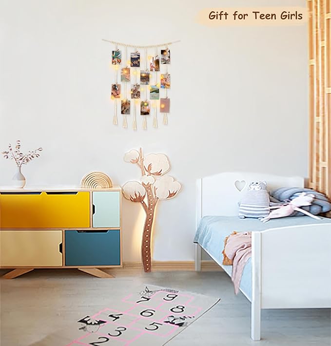 Mkono Macrame Hanging Photo Display Wall Decor with String Lights, Boho Wooden Beads Garland Collage Picture Card Frame Holder with 30 Clips for Bedroom Living Room Dorm, Teen Girls Christmas Gifts