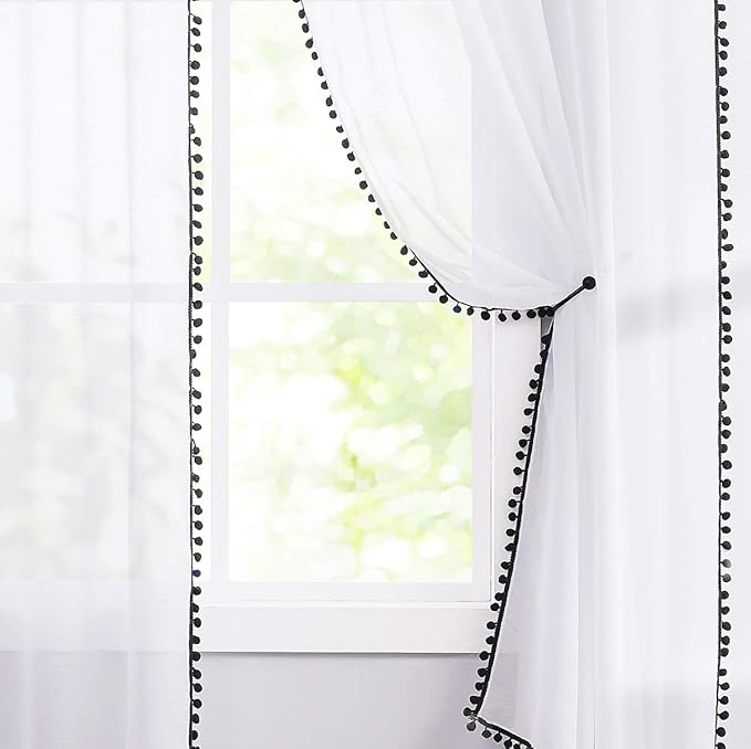 Treatmentex Black and White Sheer Curtains for Living Room 95" Long Linen Curtain Draperies for Nursery Room Decorative Pompom Voiles 2 Panels