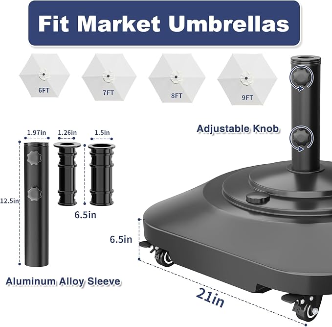 Patio Umbrella Base with 5 Wheels, Umbrella Stand Heavy Duty 145lb Fillable Umbrella Holder Mobile Square Market Stand for Outdoor, Deck, Poolside, Lawn, Fits Muti Sized Umbrellas (21in)