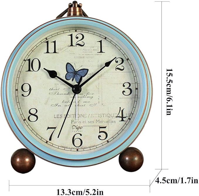 JUSTUP Table Clock, Vintage Non-Ticking Table Desk Alarm Clock Battery Operated with Quartz Movement HD Glass for Bedroom Living Room Office Desk(Butterfly)