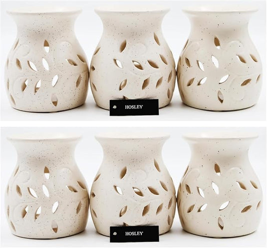 Hosley Elegant Ceramic Oil Warmers with Leaf Pattern and Speckle Design 4.5 Inches High Tealight Compatible for Aromatherapy and Home Decor Set of 6