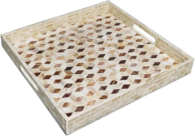 I-lan 18 Inch Mother of Pearl Square Serving Trays with Handles and 2”Wall, Large Brown Ottoman Tray with Rhombus Inlay Nacre, Decorative Lacquer Wooden Shell Tray for Food, Catering, Display,L