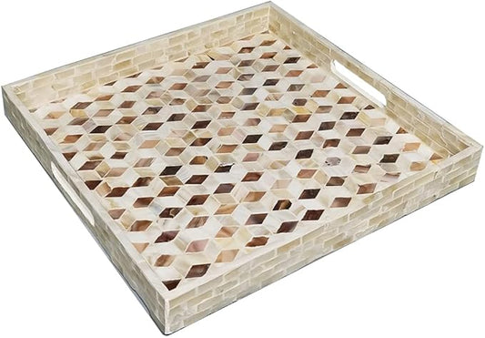 I-lan 18 Inch Mother of Pearl Square Serving Trays with Handles and 2”Wall, Large Brown Ottoman Tray with Rhombus Inlay Nacre, Decorative Lacquer Wooden Shell Tray for Food, Catering, Display,L