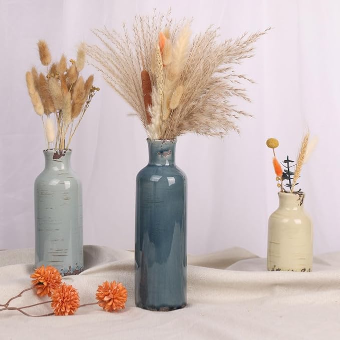 Multicolor Ceramic Vase Set of 3 - Coastal Rustic Farmhouse Decor Flower Vases for Shelf, Dining Room Table, Fireplace Mantel, Living Room, Coffee Table, Tabletop, Kitchen Cabinet, Entryway Decoration