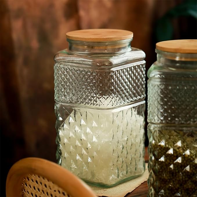 0.87 Gallon /111.5oz Glass Jar with Bamboo Lid, Large Cookie Jar, Glass Food Storage Container, Large Kitchen Canisters for Flour, Cereal, Coffee, Pasta and Canning, Square Mason Jars