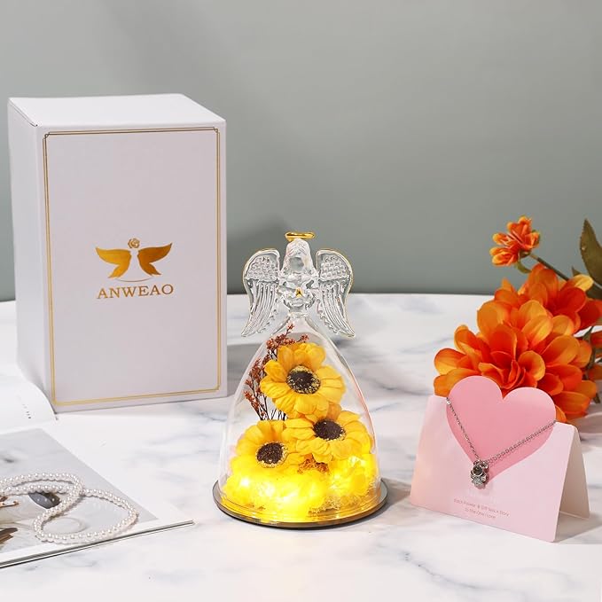 Christmas Sunflower Gifts for Women,Sunflowers Gifts for Mom Angels Figurines Sunflower Bouquet with Necklace, Light Up Sunflowers in Glass,Xmas Birthday Gifts for Her Mom Wife Girlfriend Sister