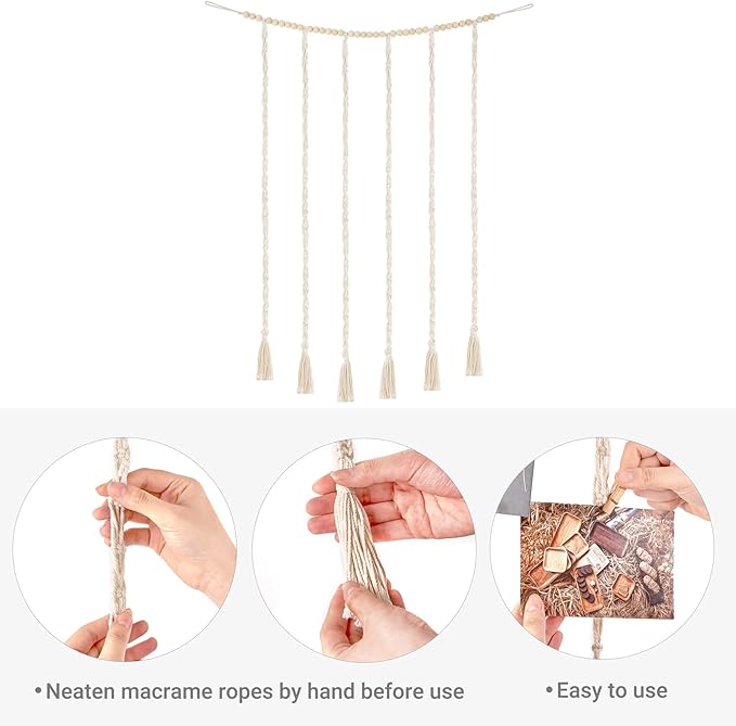 Mkono Macrame Hanging Photo Display Wall Decor with String Lights, Boho Wooden Beads Garland Collage Picture Card Frame Holder with 30 Clips for Bedroom Living Room Dorm, Teen Girls Christmas Gifts