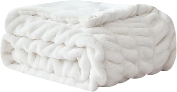 WDCOZY Ruched Faux Fur Throw Blanket Soft Cozy Fluffy Luxurious Blankets Couch Bed Sofa Chair Home Decor Warm Furry Fall Winter Plush Rabbit Fur Bubble Blanket 60" x 80", White