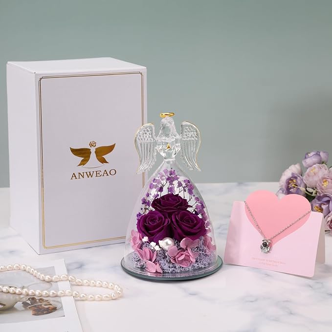 Mothers Day Flower Gifts for Mom,Angel Rose Gifts for Women,Glass Angel Figurine with Preserved Three Purple Roses,Forever Flowers Mothers Day Birthday Gifts for Women Mom Grandma Wife Her