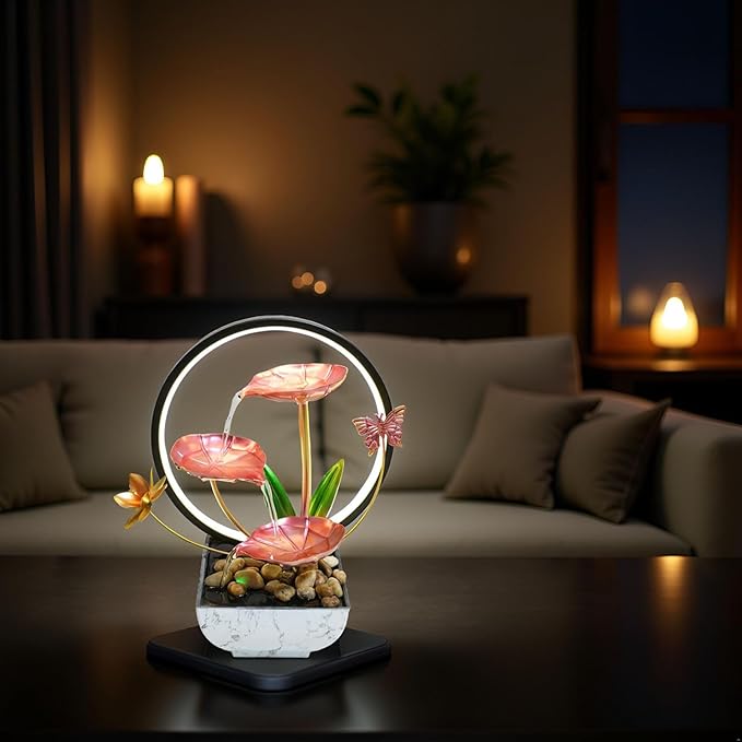 Pink Indoor Table Top Fall Decor Indoor Relaxation Water Fountain, Waterfall, Small Fountains with LED Lights Zen Meditation Fountains.