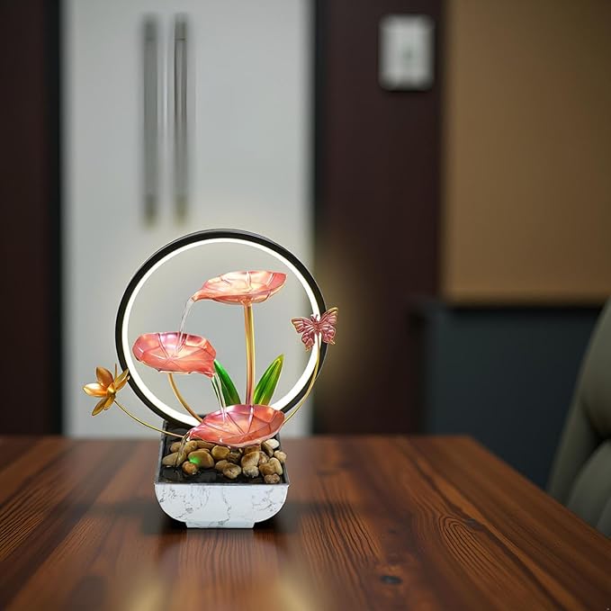 Pink Indoor Table Top Fall Decor Indoor Relaxation Water Fountain, Waterfall, Small Fountains with LED Lights Zen Meditation Fountains.