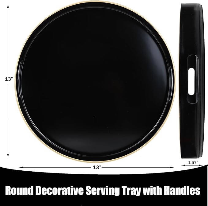 Black Round Decorative Tray with Handles, 13" Versatile Serving Tray for Coffee Table, Ottoman, Ideal for Serving, Displaying, Organizing