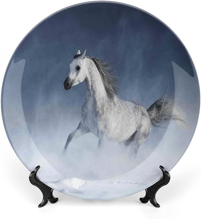 Ceramic Plates, Arabian Decorative Ceramic Plates, Arabian Horse Galloping During a Snowstorm Stallion, 7 Inch, Household Plates Decorative, Night Blue