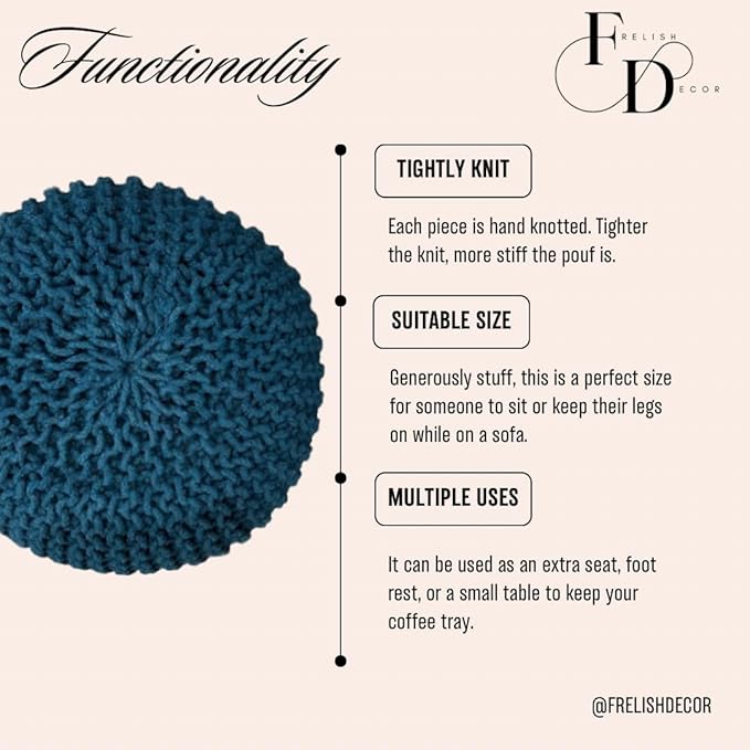 FRELISH DECOR Round Pouf Ottoman Hand Knitted 100% Cotton Pouf Foot Stool - Knitted Bean Bag - Floor Chair for Living Room Bedroom - Foot Rest for Couch (20 Diameter x 14 Height) - Teal