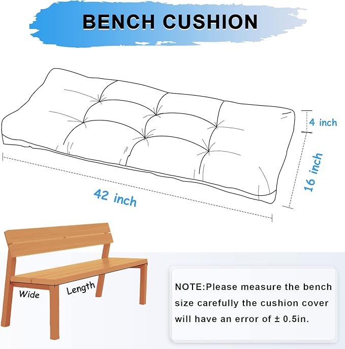 Bench Cushion 42 Inch - Chenille Fabric, High-Density Foam, Non-Slip Bottom, Soft Durable Indoor Tufted Long Seat Cushion for Window Garden Furniture (Gray, 42x16x4 Inch)