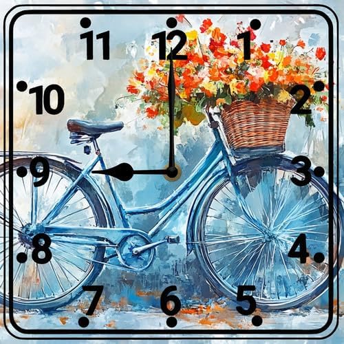 FemiaD Bicycle with Flowers Wall Clock 10inch Silent Non Ticking Battery Operated Square Clocks Farmhouse Round Wooden Art for Living Room Bedroom Bathroom Office