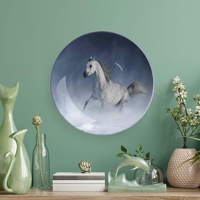 Ceramic Plates, Arabian Decorative Ceramic Plates, Arabian Horse Galloping During a Snowstorm Stallion, 7 Inch, Household Plates Decorative, Night Blue