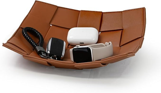 Valet Tray PU Leather Key Holder Bowl for Men and Women Entryway Table Nightstand Catchall Storage Organizer EDC Dump Tray for Wallet, Keys, Coins Men's Gift - Brown, 9.8" L x 9.8" W x 2" H