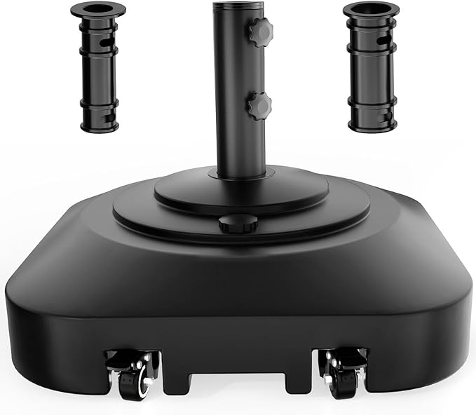 Patio Umbrella Base with 5 Wheels, Umbrella Stand Heavy Duty 145lb Fillable Umbrella Holder Mobile Square Market Stand for Outdoor, Deck, Poolside, Lawn, Fits Muti Sized Umbrellas (21in)