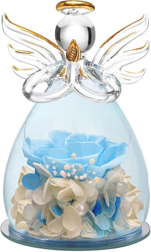 ANLUNOB Preserved Rose Birthday Gifts for Women Mom Grandma Wife, Glass Angel Figurines Gifts with Pretty Blue Flowers for Anniversary Wedding
