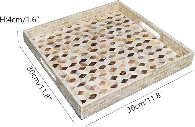 I-lan 12 Inch Mother of Pearl Square Serving Trays with Handles and 2”Wall, Large Brown Ottoman Tray with Rhombus Inlay Nacre, Decorative Lacquer Wooden Shell Tray for Food, Catering, Display, XS-12