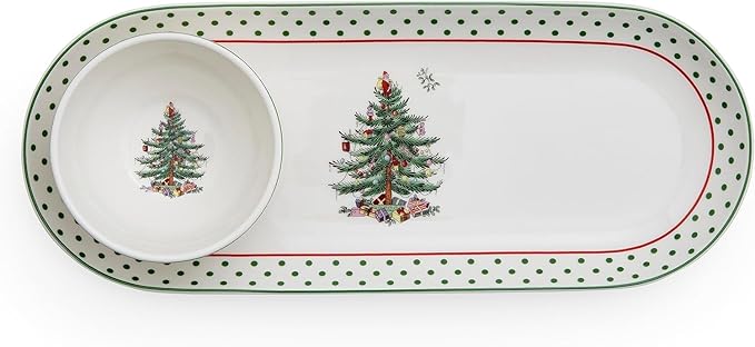Spode Christmas Tree 2-Piece Polka Dot Chip and Dip Serving Set - 13-Inch Oval Plate with Dip Bowl - Festive Christmas Serveware, Durable Porcelain, Dishwasher, Microwave, Freezer Safe