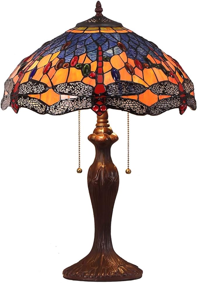 Bieye L10690 Dragonfly Tiffany Style Stained Glass Table Lamp with 16 Inch Wide Complex Design Lampshade and Metal Base, Orange Blue, 16"W x 24"H