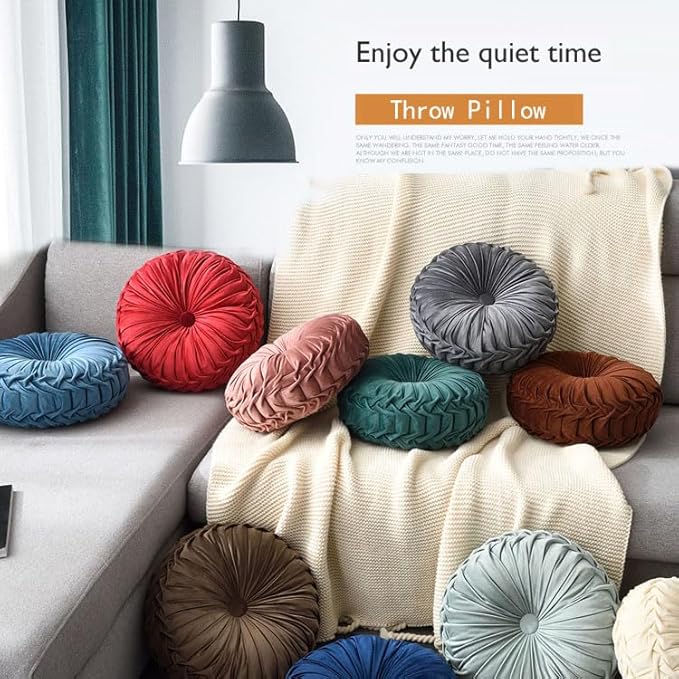 1 Pcs Round Throw Pillow Velvet Home Decoration Pleated 3D Pumpkin Pillow Cushion for Couch Chair Bed Car 14.17" (Royal Blue)