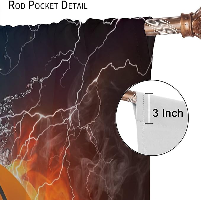 JESTRONRY Boys Basketball Curtains,Kids Sports Theme Fire Ball Water Flame Splashing Room Darkening Door Window Rod Pocket Curtain for Living Room Teen Men Bedroom Decor W42xL45in