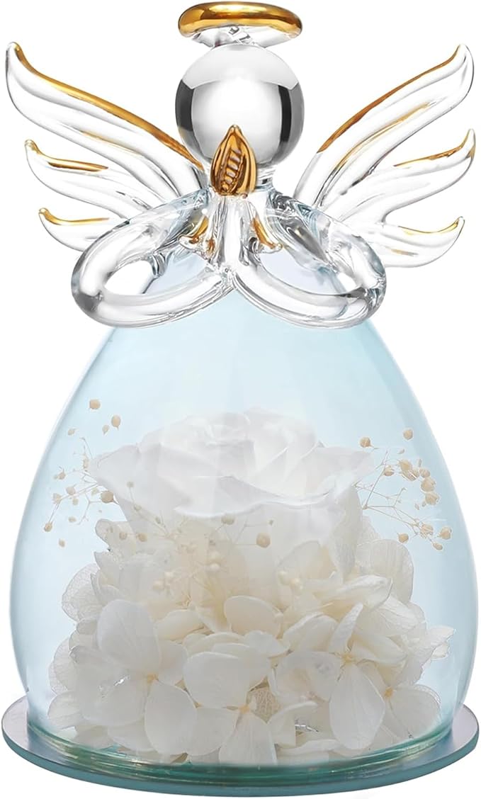 ANLUNOB Preserved Rose Birthday Gifts for Women Mom Grandma Wife, Glass Angel Figurines Gifts with Pretty White Flowers for Anniversary Wedding
