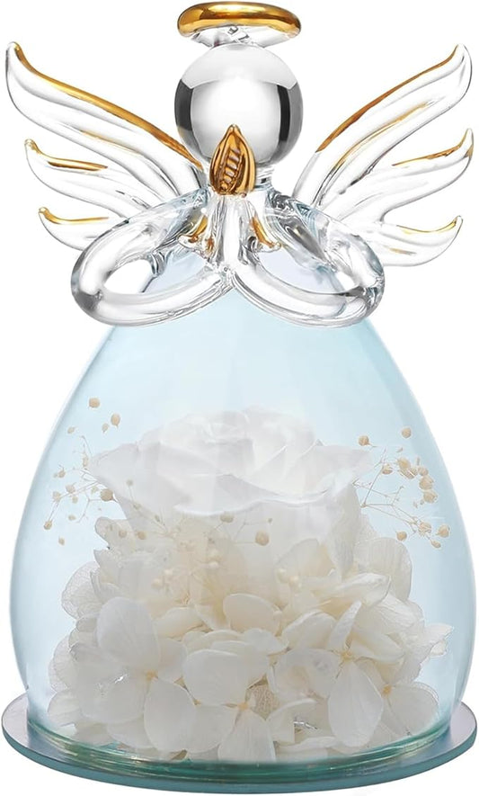 ANLUNOB Preserved Rose Birthday Gifts for Women Mom Grandma Wife, Glass Angel Figurines Gifts with Pretty White Flowers for Anniversary Wedding