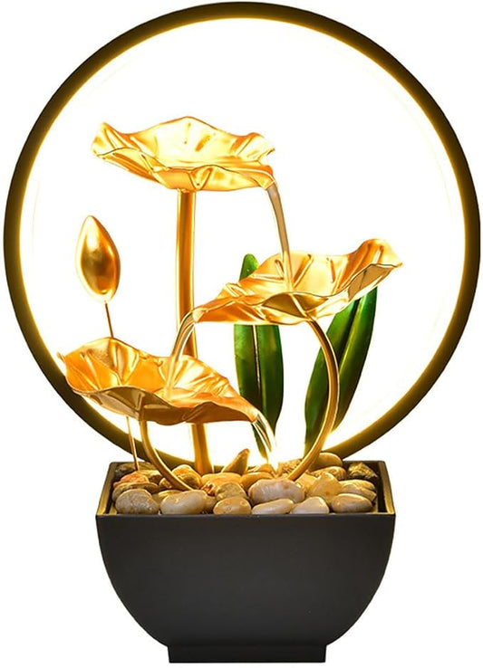 Water Fountain Indoor Waterfall Fountain Tabletop Fountain Lotus Desk Fountains mall Water Fountain Indoor Mini Waterfall Waterfall Iron Home Decor for Office Decoration (Golden A)