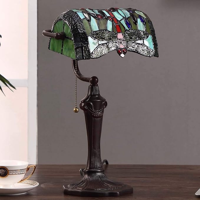 Bieye L10058 Dragonfly Tiffany Style Stained Glass Banker Table Lamp with 10-inch Wide Lampshade and Zinc Base for Reading Working Desk (Green)