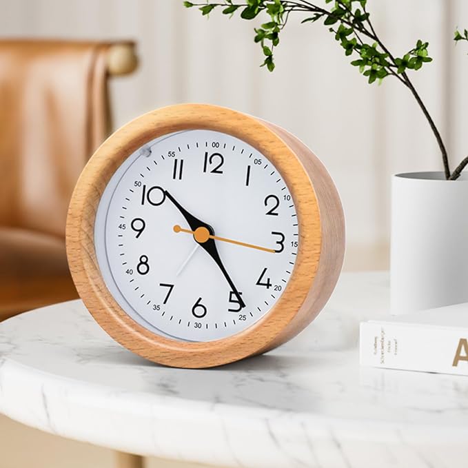 4'' Natural Wooden Analog Alarm Clock with Soft Night Light - Battery Operated Non-Ticking Silent Tabletop Minimalist Desk & Bedside Clock for Bedrooms Living Room Home Office Decor