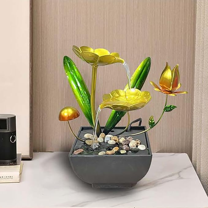 Water Fountain Indoor Waterfall Fountain Tabletop Fountain Lotus Desk Fountains mall Water Fountain Indoor Mini Waterfall Waterfall Iron Home Decor for Office Decoration (Golden C)