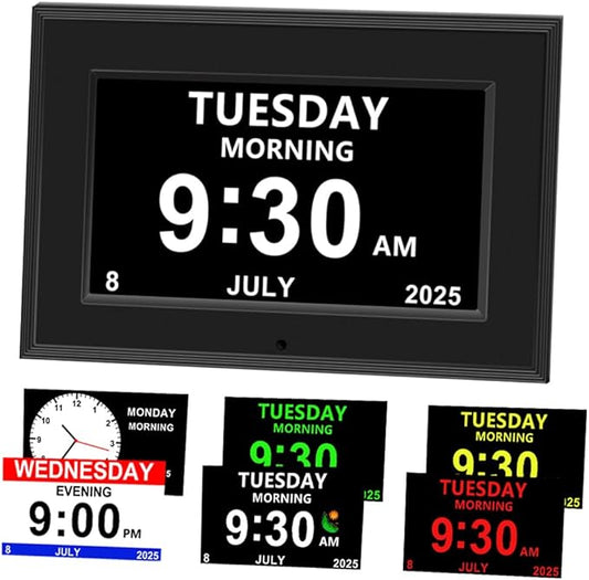 Digital Alarm Clock for Seniors - No-Abbreviation Date HD Display Auto Dimming Photo FrameWhite Noise DST Adjustment, Ideal Gift for Elders (7inch Black)