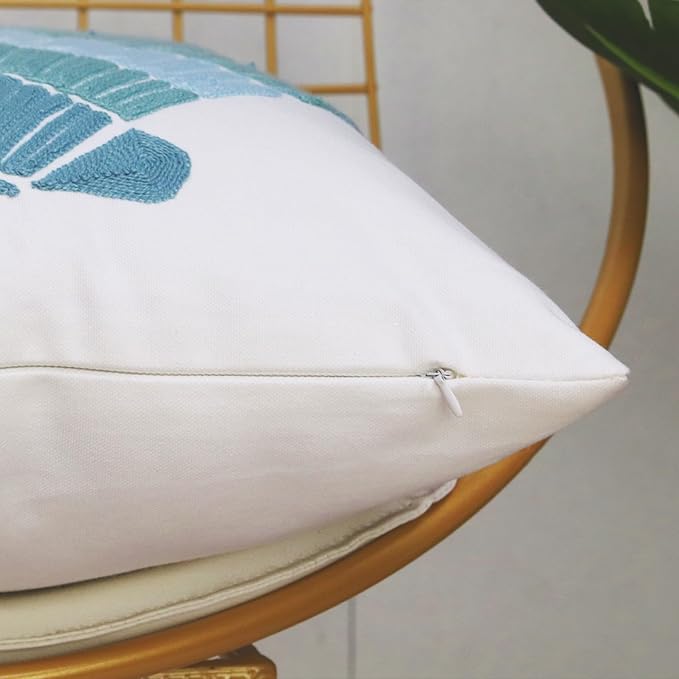 1 PCS Embroidered Throw Pillow Cover Cotton Decorative Square Cushion Cases for Home Sofa Bed and Chair 18 x 18 Inch (Blue Shell-2)