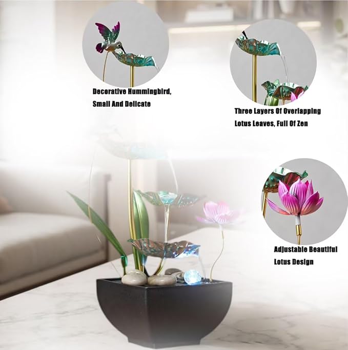 Tabletop Fountain 3-Tiers Leaf: Small Indoor Waterfall Fountains with Rocks - Lotus Waterfall Fountain Zen Fountains Blue