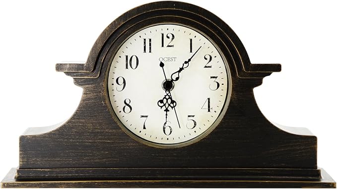 OCEST Vintage Farmhouse Mantel Clock - 13 x 7 Inch Quartz Gilt Finish Battery Operated, Contemporary Napoleon Classic Desk & Shelf Décor for Living Room Office Tabletop Bedside (Walnut Brown)