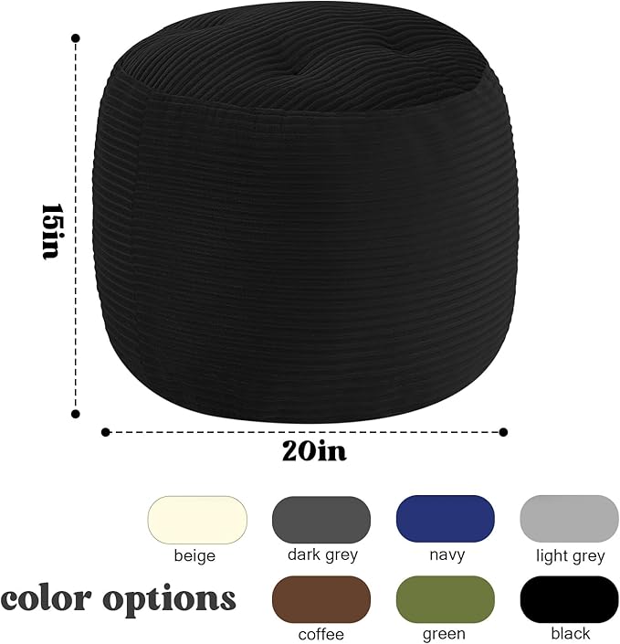 MeMoreCool Stuffed Round Pouf Ottoman Foot Rest, Floor Pouf Foot Stool with Soft Foam Chunk Filling, Round Small Ottoman Footstool Circle Footrest for Couch Living Room, Corduroy Black