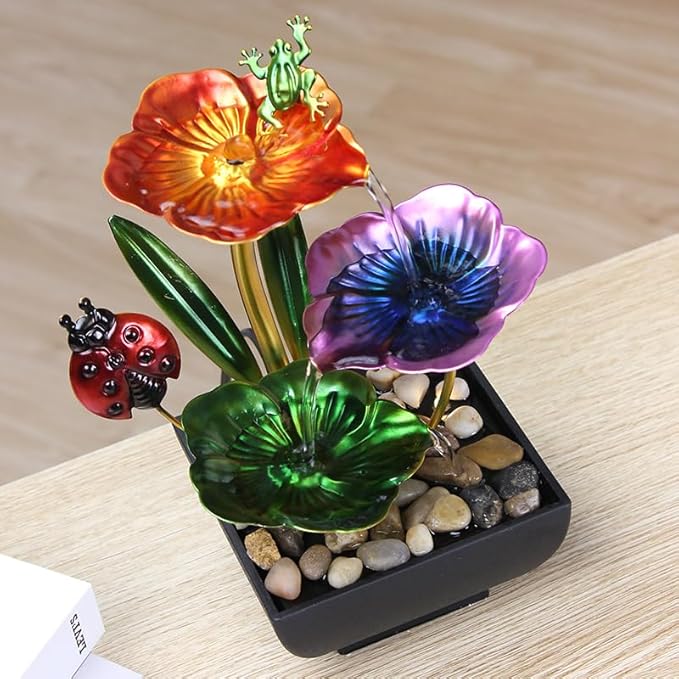 TiCin USB-Powered 3 Tier Tabletop Fountain, Metal Pedals with Insects, Natural River Rocks, and Reflective Lighting! for Home and Office Decor, Housewarming Sculpture