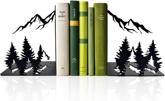 Matte Black Iron Heavy Duty Bookends - Laser-Engraved Mountain Design, Decorative Shelf Stoppers for Books, Space-Saving Desk Organizer (Modern, Rustic, Vintage Style)