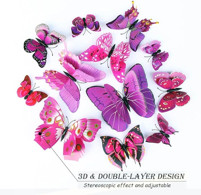 Butterfly Wall Decor 24/48 PCS, 3D Butterflies Stickers for Party Decorations with Magnets(Purple, 24)