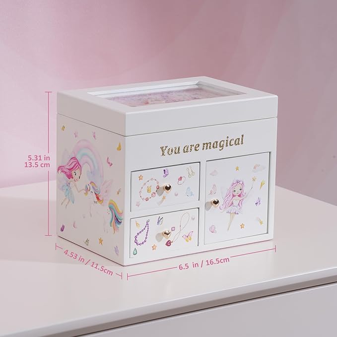 Lolalet Wooden Jewelry Box with Unicorn for Girls, Musical Children's Jewelry Organizer, Gift for Toddler Age 2 3 4 5 6 7 8 9 on Birthday -White