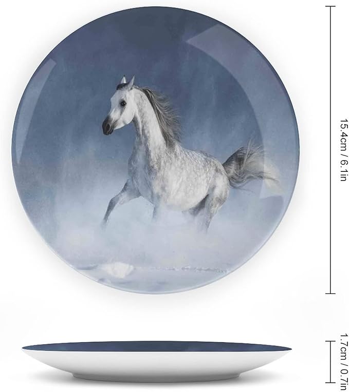 Ceramic Plates, Arabian Decorative Ceramic Plates, Arabian Horse Galloping During a Snowstorm Stallion, 7 Inch, Household Plates Decorative, Night Blue