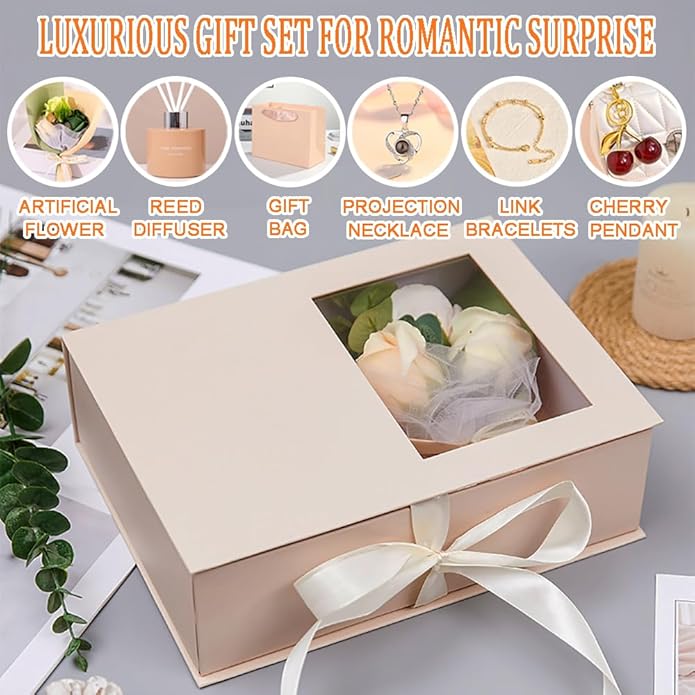 Flower Gift Baskets for Women, with Heart Necklace, Link Bracelet, Cherry Pendant, Reed Diffuser Set Birthday Gifts for Her Mom Wife Girlfriend on Valentines Mothers Day Christmas Anniversary