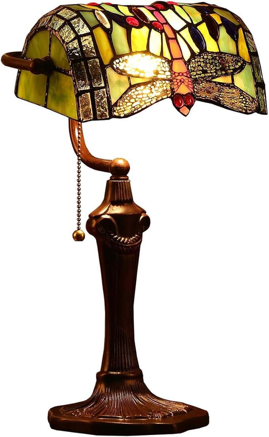 Bieye L10058 Dragonfly Tiffany Style Stained Glass Banker Table Lamp with 10-inch Wide Lampshade and Zinc Base for Reading Working Desk (Green)