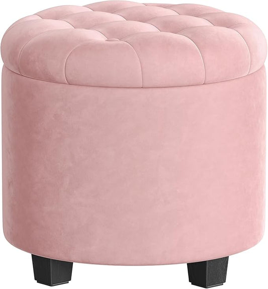 SONGMICS Round Ottoman, Ottoman with Storage, 17.7 x 17.7 x 17.5 Inches, Foot Rest with Legs, Velvet, Load up to 330 lb, for Living Room, Bedroom, Jelly Pink ULOM012R01